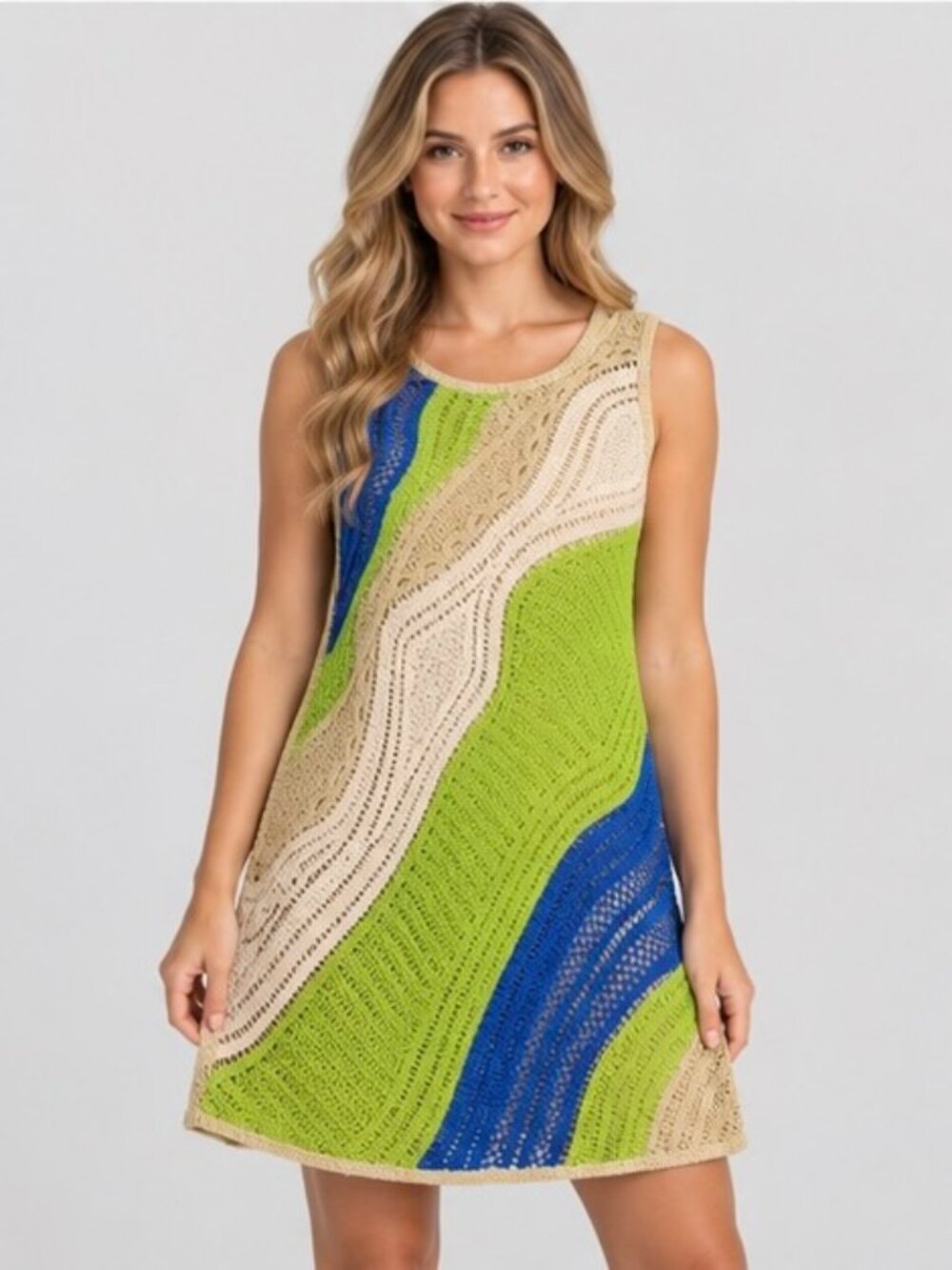 Zara Women's Small Multicolor Crochet Dress Green Blue Beige Sleeveless